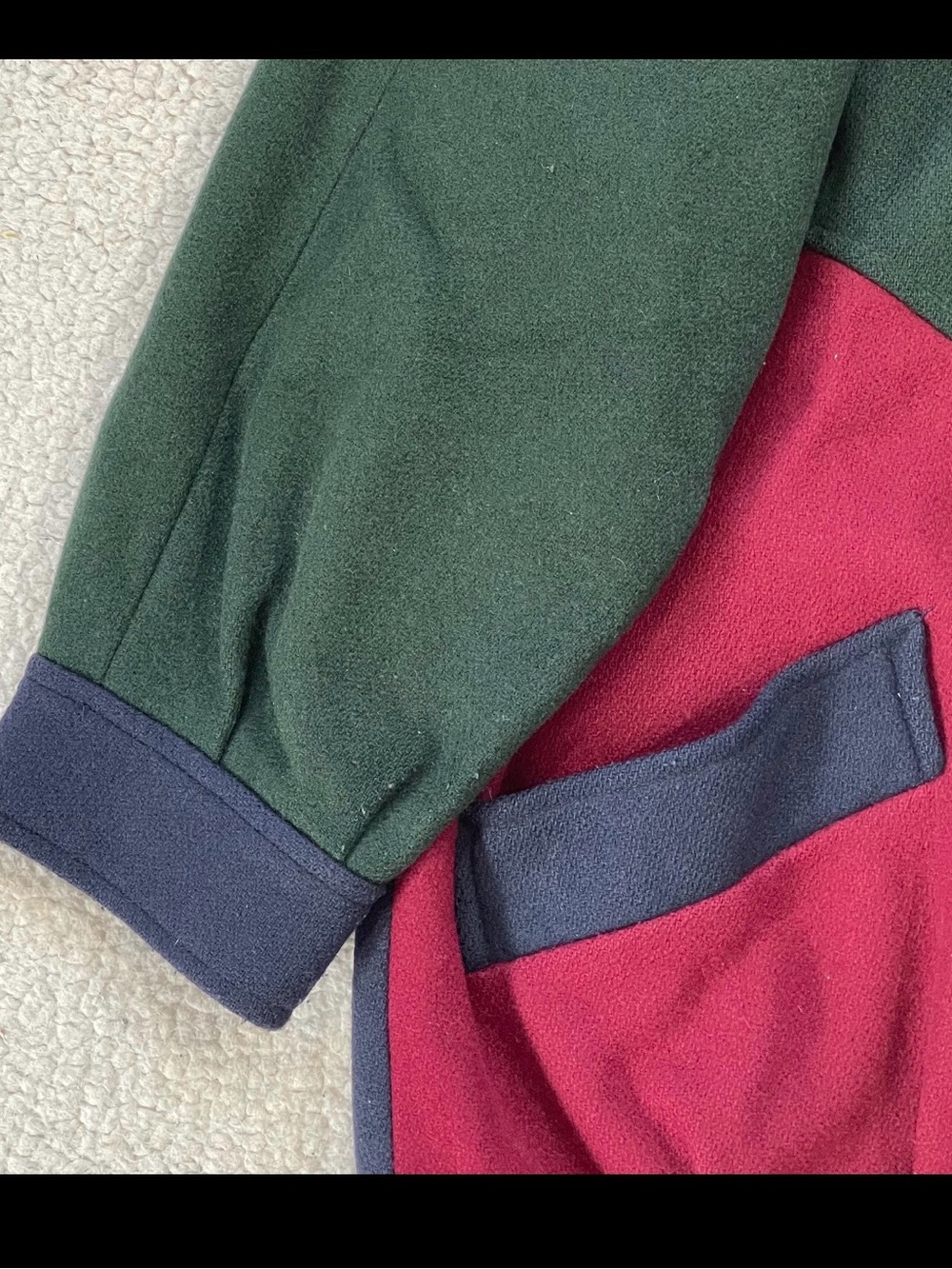 Vintage Colorblock Wool Pea Coat - Burgundy, Forest Green & Navy - Picture 5 of 8
